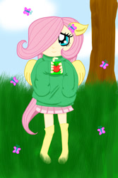 Size: 800x1200 | Tagged: safe, artist:takemybleedingheart, fluttershy, human, clothes, humanized, juice box, solo, sweatershy, younger