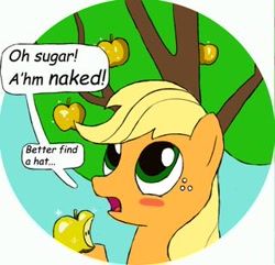 Size: 320x308 | Tagged: safe, artist:db, applejack, earth pony, pony, adam, apple, bible, blushing, bust, comic, cute, freckles, garden of eden, missing accessory, solo, tree of knowledge, we don't normally wear clothes