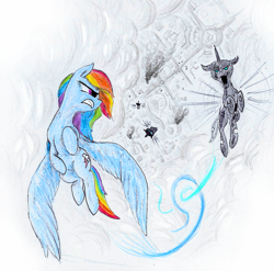 Size: 915x905 | Tagged: safe, artist:t72b, derpibooru exclusive, derpibooru import, rainbow dash, changeling, pegasus, pony, aerobatics, canterlot, city, cityscape, cloud, fight, flying, gritted teeth, partial color, smoke, traditional art