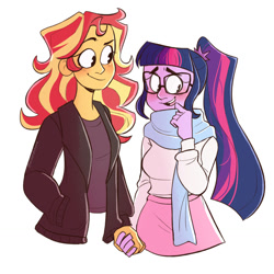 Size: 1280x1280 | Tagged: safe, artist:wizardstove, sci-twi, sunset shimmer, twilight sparkle, equestria girls, alternate costumes, blushing, clothes, cute, female, holding hands, lesbian, scarf, scitwishimmer, shipping, simple background, sunsetsparkle, twiabetes, white background