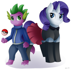 Size: 2832x2726 | Tagged: safe, artist:conrie, rarity, spike, dragon, pony, unicorn, calem, crossover, female, male, pokéball, pokémon, serena (pokemon), shipping, sparity, straight