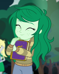 Size: 730x918 | Tagged: safe, screencap, derpy hooves, wallflower blush, better together, equestria girls, forgotten friendship, ^^, cropped, cute, eyes closed, flowerbetes, happy, solo, solo focus, yearbook