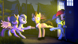 Size: 1920x1080 | Tagged: safe, artist:tonkano, derpy hooves, doctor whooves, minuette, roseluck, twilight sparkle, twilight sparkle (alicorn), alicorn, pony, 3d, doctor who, glasses, police box, tardis