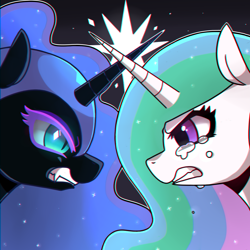 Size: 1000x1000 | Tagged: safe, artist:9seconds, nightmare moon, princess celestia, alicorn, pony, angry, bust, chromatic aberration, crying, female, fight, gritted teeth, looking at each other, mare, missing accessory