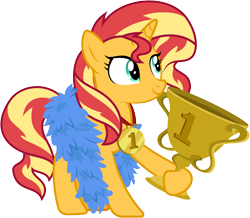 Size: 6867x6000 | Tagged: safe, artist:pirill, sunset shimmer, pony, unicorn, best gift ever, .ai available, 1st place, absurd resolution, best pony, feather boa, female, mare, medal, show accurate, simple background, smiling, solo, transparent background, trophy, vector