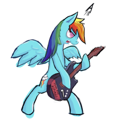 Size: 896x920 | Tagged: safe, artist:erijt, derpibooru import, rainbow dash, pegasus, pony, bipedal, female, guitar, mare, simple background, solo, vulgar description, white background