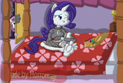 Size: 3504x2379 | Tagged: safe, artist:horrormage, rarity, sweetie belle, anthro, plantigrade anthro, barefoot, bed, clothes, feet, laughing, nail polish, one eye closed, soles, tickling, toes