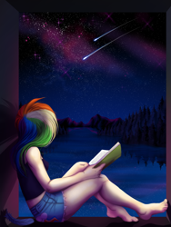 Size: 3000x4000 | Tagged: safe, artist:straythemushroomkid, derpibooru import, rainbow dash, human, barefoot, book, clothes, feet, humanized, lake, midriff, night, reflection, scenery, shooting star, shorts, solo, stars, tanktop