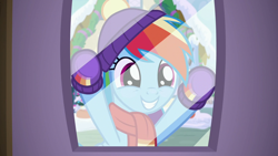 Size: 1280x720 | Tagged: safe, derpibooru import, screencap, rainbow dash, pegasus, pony, best gift ever, clothes, cute, dashabetes, female, hat, mare, scarf, smiling, solo, window