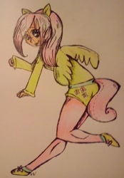 Size: 817x1175 | Tagged: safe, artist:pupperson9, fluttershy, human, cosplay, humanized, solo, traditional art