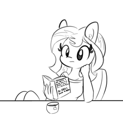 Size: 1280x1280 | Tagged: safe, artist:tjpones, sunset shimmer, anthro, equestria girls, :i, book, chair, clothes, cup, female, food, monochrome, ponied up, reading, simple background, sitting, solo, table, tea, teacup, white background