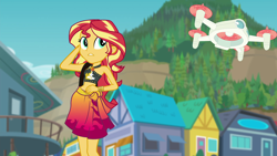 Size: 1920x1080 | Tagged: safe, screencap, sunset shimmer, better together, equestria girls, forgotten friendship, clothes, drone, midriff, sarong, selfie drone, skirt