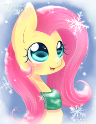 Size: 1550x2000 | Tagged: safe, artist:mrsremi, fluttershy, pegasus, pony, bust, clothes, looking at something, looking up, open mouth, portrait, scarf, smiling, snow, snowfall, snowflake, solo, winter