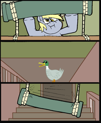 Size: 757x923 | Tagged: safe, artist:virus-20, edit, derpy hooves, duck, abuse, animal abuse, home alone 2: lost in new york, op is a duck (reaction image), stairs, this will end in death