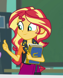 Size: 872x1080 | Tagged: safe, screencap, sunset shimmer, equestria girls, equestria girls series, forgotten friendship, book, clothes, cropped, female, jacket, skirt, smiling, solo, thumbs up, yearbook