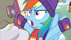 Size: 1280x720 | Tagged: safe, derpibooru import, screencap, discord, meadow song, rainbow dash, pegasus, pony, best gift ever, clothes, female, hat, mare, scarf, solo focus