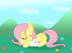 Size: 808x593 | Tagged: safe, artist:lifesharbinger, angel bunny, fluttershy, pegasus, pony, cloud, cloudy, sleeping