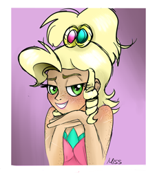 Size: 1280x1402 | Tagged: safe, artist:misspolycysticovary, applejack, human, applejewel, bare shoulders, freckles, humanized, sleeveless, solo, strapless