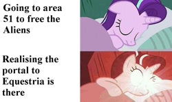 Size: 893x534 | Tagged: safe, edit, edited screencap, screencap, starlight glimmer, pony, unicorn, rock solid friendship, area 51, dank memes, deep fried meme, female, glowing eyes, glowing eyes meme, mare, meme, portal to equestria, sleeping