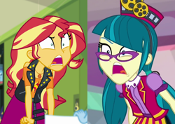 Size: 2366x1676 | Tagged: safe, screencap, juniper montage, sunset shimmer, better together, equestria girls, forgotten friendship, mirror magic, spoiler:eqg specials, angry, comparison, geode of empathy, magical geodes, shrunken pupils, yelling