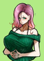Size: 578x799 | Tagged: safe, artist:kai(ry, fluttershy, human, bra strap, breasts, clothes, female, hootershy, humanized, nail polish, off shoulder, solo, sweatershy