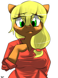 Size: 800x1080 | Tagged: safe, artist:snorgastic, applejack, anthro, applerack, breasts, clothes, female, simple background, solo