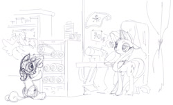 Size: 1579x956 | Tagged: safe, artist:silfidum, rarity, sweetie belle, pony, unicorn, monochrome, sketch, workshop