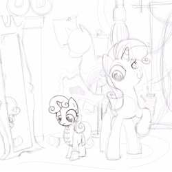 Size: 1650x1650 | Tagged: safe, artist:silfidum, rarity, sweetie belle, pony, unicorn, clothes, dress, monochrome, sketch