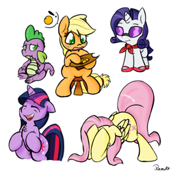 Size: 1500x1500 | Tagged: safe, artist:ramott, applejack, fluttershy, rarity, spike, twilight sparkle, dragon, earth pony, pegasus, pony, unicorn, simple background