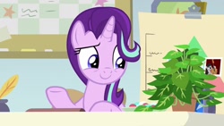 Size: 1920x1080 | Tagged: safe, screencap, octavia melody, phyllis, starlight glimmer, earth pony, pony, unicorn, a horse shoe-in, female, mare, philodendron, photo, plant, raised eyebrow, raised hoof, sentimental value, smiling, solo, starlight's office, talking to objects, underhoof