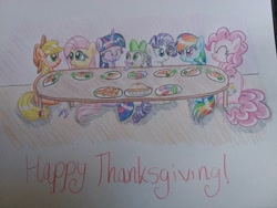 Size: 1632x1224 | Tagged: safe, artist:prinrue, derpibooru import, applejack, fluttershy, pinkie pie, rainbow dash, rarity, spike, twilight sparkle, dragon, earth pony, pegasus, pony, unicorn, carrot, eyes closed, food, herbivore, holiday, male, mane seven, mane six, pie, table, text, thanksgiving, traditional art