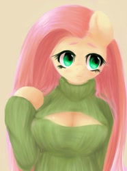 Size: 760x1024 | Tagged: safe, artist:dobado, fluttershy, anthro, breasts, clothes, female, hootershy, keyhole turtleneck, open-chest sweater, solo, sweater, sweatershy, turtleneck