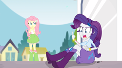 Size: 1280x720 | Tagged: safe, artist:m48patton, edit, edited screencap, screencap, fluttershy, rarity, equestria girls, rainbow rocks, boots, bracelet, clothes, high heel boots, house, jewelry, middle finger, mountain, nail polish, skirt, socks, statue, tree, vulgar