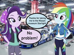 Size: 1024x768 | Tagged: safe, edit, rainbow dash, starlight glimmer, equestria girls, beanie, car, clothes, hat, mixed media, museum, nissan, nissan heritage museum, ripped pants, speech bubble, text, torn clothes, vector, vector edit