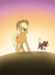 Size: 1275x1750 | Tagged: safe, artist:whiro153, applejack, winona, dog, earth pony, pony, blonde mane, brown coat, duo, female, mare, orange coat