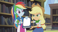 Size: 1280x719 | Tagged: safe, derpibooru import, edit, edited screencap, screencap, applejack, rainbow dash, equestria girls, friendship games, book, exploitable meme, inverted mouth, meme, template, we like this book, yearbook meme