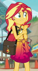 Size: 516x951 | Tagged: safe, screencap, sunset shimmer, better together, equestria girls, forgotten friendship, belly button, clothes, cropped, geode of empathy, magical geodes, saddle bag, sleeveless, solo, swimsuit