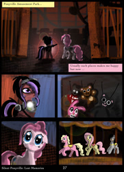 Size: 761x1051 | Tagged: safe, artist:helenasherzblut, fluttershy, pinkie pie, oc, oc:ruby crow, earth pony, pegasus, pony, fanfic:silent ponyville, carousel, comic, lost memories