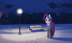 Size: 3200x1947 | Tagged: safe, artist:mrscroup, pinkie pie, earth pony, pony, bench, clothes, cloud, cute, diapinkes, hat, lamppost, night, sad, scarf, snow, solo, stars, winter