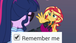 Size: 1967x1106 | Tagged: safe, edit, edited screencap, screencap, sci-twi, sunset shimmer, twilight sparkle, better together, equestria girls, forgotten friendship, check mark, geode of empathy, magical geodes, meme, meta, most likely to be forgotten, remember me