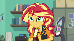 Size: 1920x1080 | Tagged: safe, screencap, sunset shimmer, better together, equestria girls, forgotten friendship, book, clothes, female, geode of empathy, magical geodes, smiling, smirk, solo