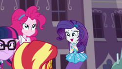 Size: 1920x1080 | Tagged: safe, screencap, pinkie pie, rarity, sci-twi, sunset shimmer, twilight sparkle, equestria girls, equestria girls series, forgotten friendship, cute, excited, geode of sugar bombs, geode of telekinesis, magical geodes, raribetes, smiling