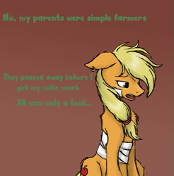 Size: 715x727 | Tagged: safe, artist:thatonelizard, applejack, earth pony, pony, ask-hunterjack, bandage, earring, solo, tumblr