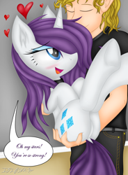 Size: 3500x4755 | Tagged: safe, artist:iflysna94, rarity, human, pony, absurd resolution, blushing, butt grab, carrying, hand on butt, heart, holding, holding a pony, interspecies