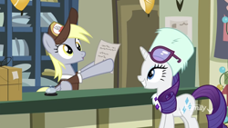 Size: 1334x750 | Tagged: safe, screencap, derpy hooves, rarity, pegasus, pony, unicorn, best gift ever, clothes, female, glasses, hat, mailmare, mailmare hat, mailpony, mare, post office, scarf, smiling