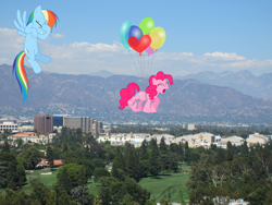 Size: 4000x3000 | Tagged: safe, artist:hawk9mm, artist:sairoch, artist:waycool64, derpibooru import, pinkie pie, rainbow dash, balloon, california, facehoof, flying, hollywood, irl, logo, los angeles, mountain, photo, ponies in real life, screaming, then watch her balloons lift her up to the sky, vector, warner brothers