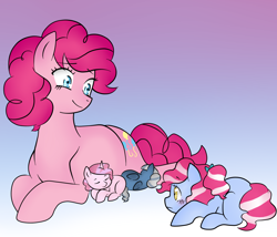 Size: 1400x1200 | Tagged: safe, artist:kianamai, artist:mutant-girl013, color edit, edit, pinkie pie, oc, oc:cloudy skies, oc:cotton candy, oc:sugar rush, earth pony, pony, colored, female, filly, foal, gradient background, kilalaverse, mother and child, mother and daughter, newborn, next generation, offspring, parent and child, parent:pinkie pie, parent:pokey pierce, parents:pokeypie, sisters