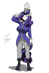 Size: 859x1280 | Tagged: safe, artist:sailoranna, rarity, anthro, unguligrade anthro, unicorn, ancient wonderbolts uniform, beautiful, big breasts, boots, breasts, clothes, cute, female, fingernails, hat, nail polish, pants, sgt. rarity, shako, shoes, simple background, solo, uniform, white background, wonderbolts uniform