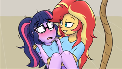 Size: 1366x768 | Tagged: safe, artist:jase1505, sci-twi, sunset shimmer, twilight sparkle, series:sunlight horizons, equestria girls, alternate costumes, best friends, blushing, catching, cute, female, lesbian, looking at each other, rope, scitwishimmer, shipping, sunsetsparkle, twiabetes, youtube link