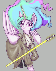 Size: 900x1150 | Tagged: safe, artist:helloiamyourfriend, artist:yourfriendsalamisalamander, princess celestia, alicorn, pony, clothes, crossover, jedi, lightsaber, magic, robe, simple background, smirk, solo, spread wings, star wars, telekinesis, weapon